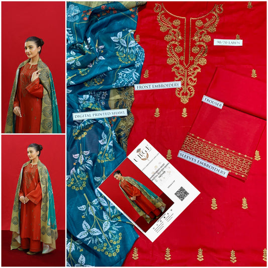 3 Pcs Women's Unstitched Embroidered Suit