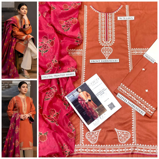 3 Pcs Women's Unstitched Embroidered Suit