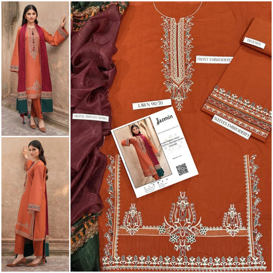 3 Pcs Women's Unstitched Embroidered Suit