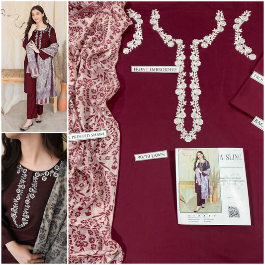 3 Pcs Women's Unstitched Embroidered Suit