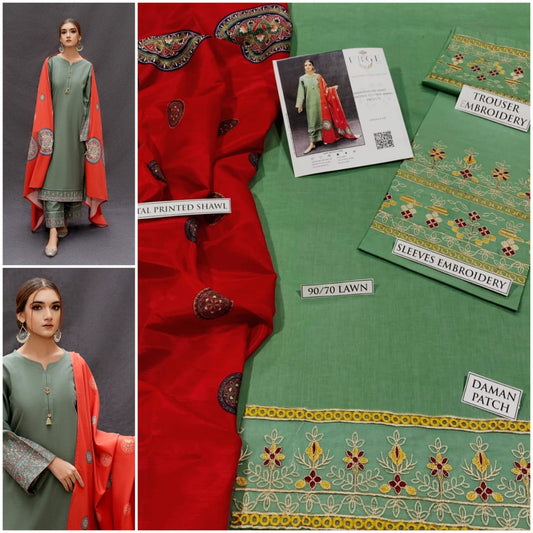 3 Pcs Women's Unstitched Embroidered Suit