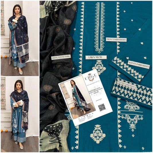 3 Pcs Women's Unstitched Embroidered Suit